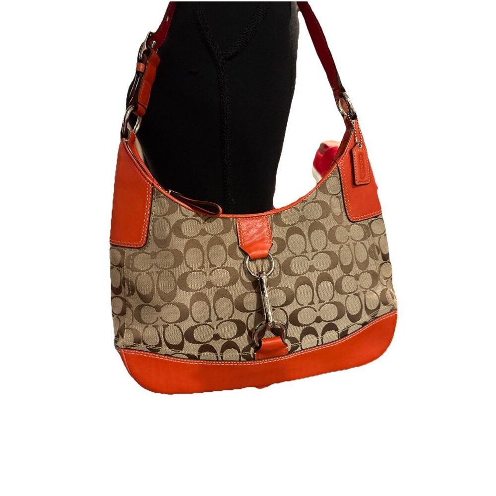 Coach Hampton Orange & Brown Leather Fabric Shoulder Hobo Bag L0820-F13069 EUC